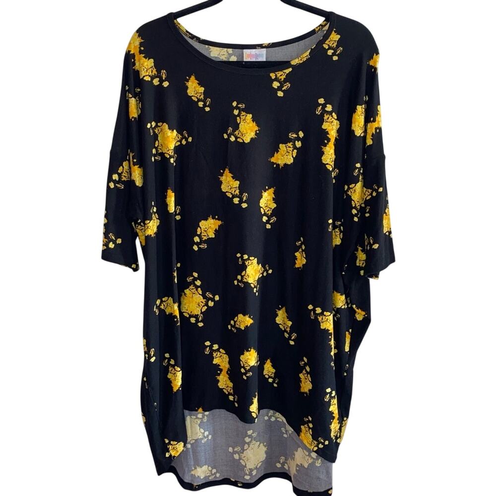 Lularoe Irma Tunic XL Black Yellow Floral High Low Oversized Stretch Top